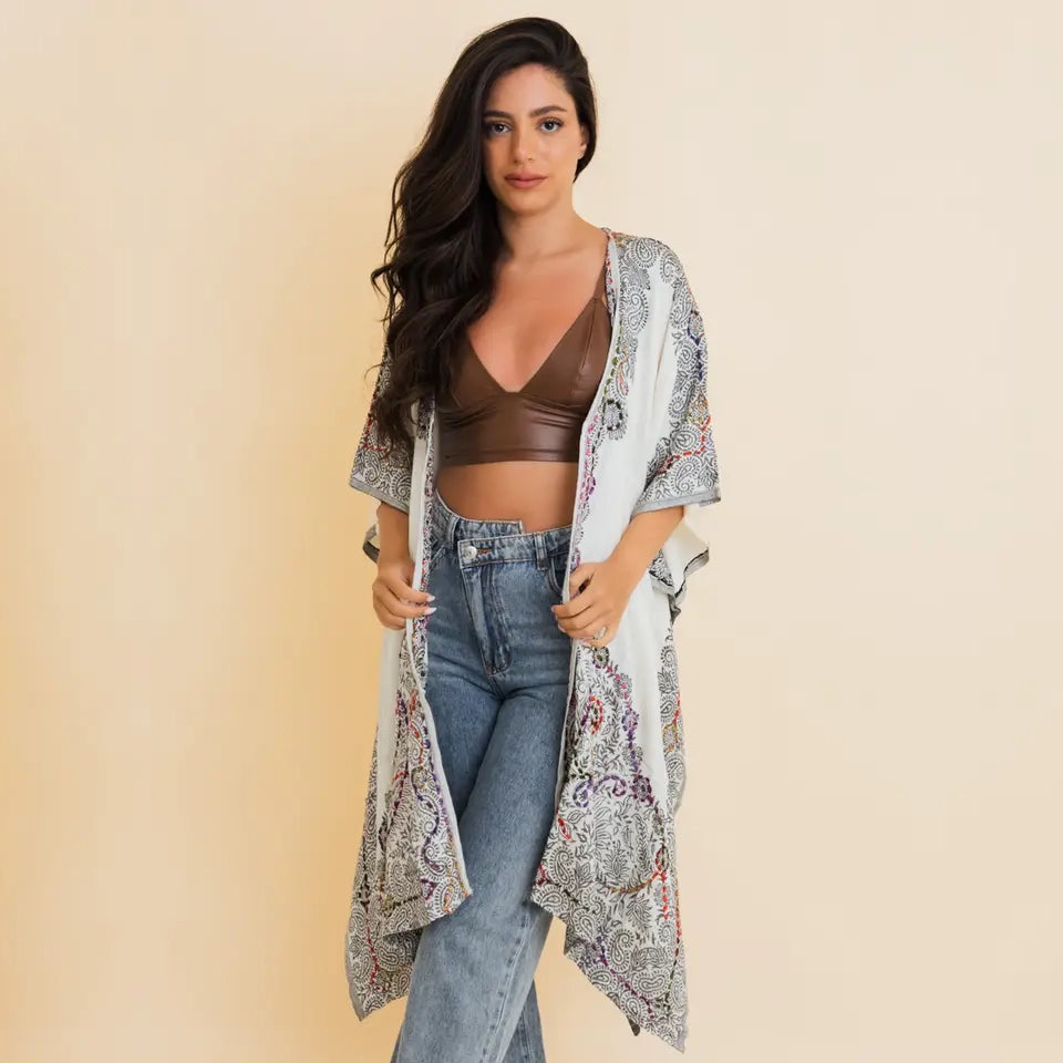 Bohemian Black Artisan Stitch Tapestry Kimono - Leto Accessories