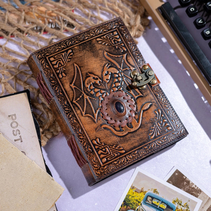 Leather Notebook with Stone Dragon Embossed Travel Journal - R K Handicrafts