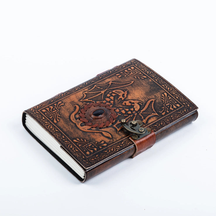 Leather Notebook with Stone Dragon Embossed Travel Journal - R K Handicrafts