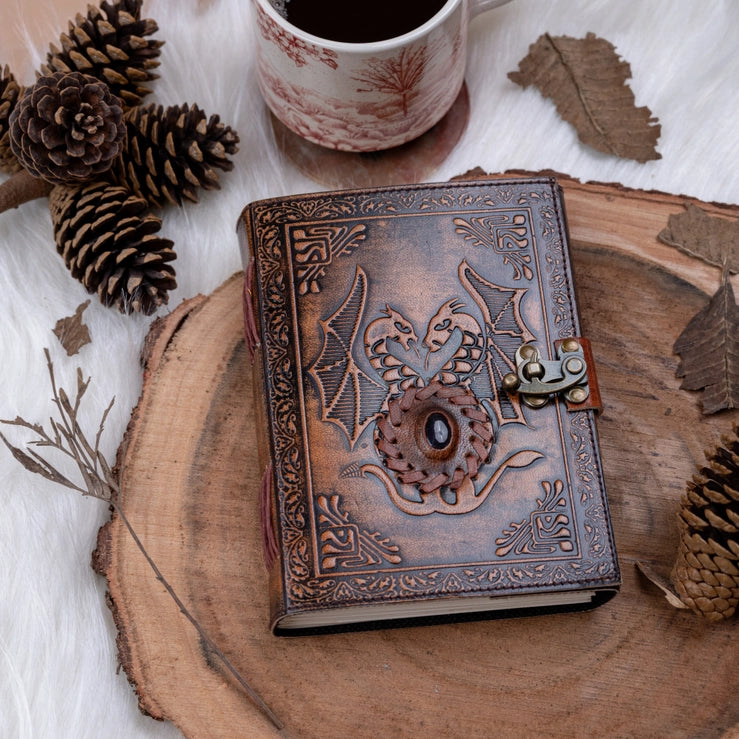 Leather Notebook with Stone Dragon Embossed Travel Journal - R K Handicrafts