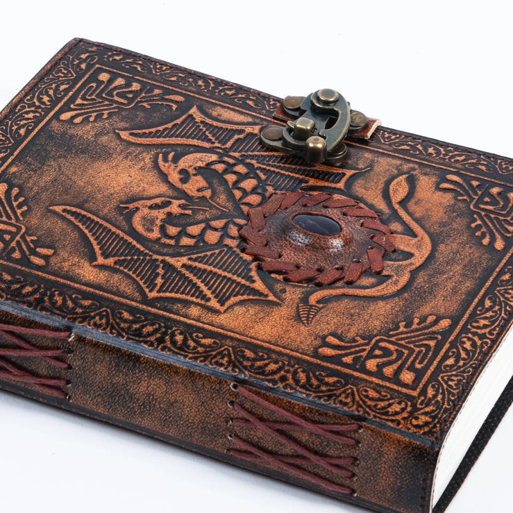 Leather Notebook with Stone Dragon Embossed Travel Journal - R K Handicrafts