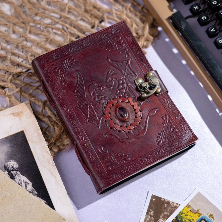 Leather Journal with Stone Dragon Embossed Travel Journal - R K Handicrafts