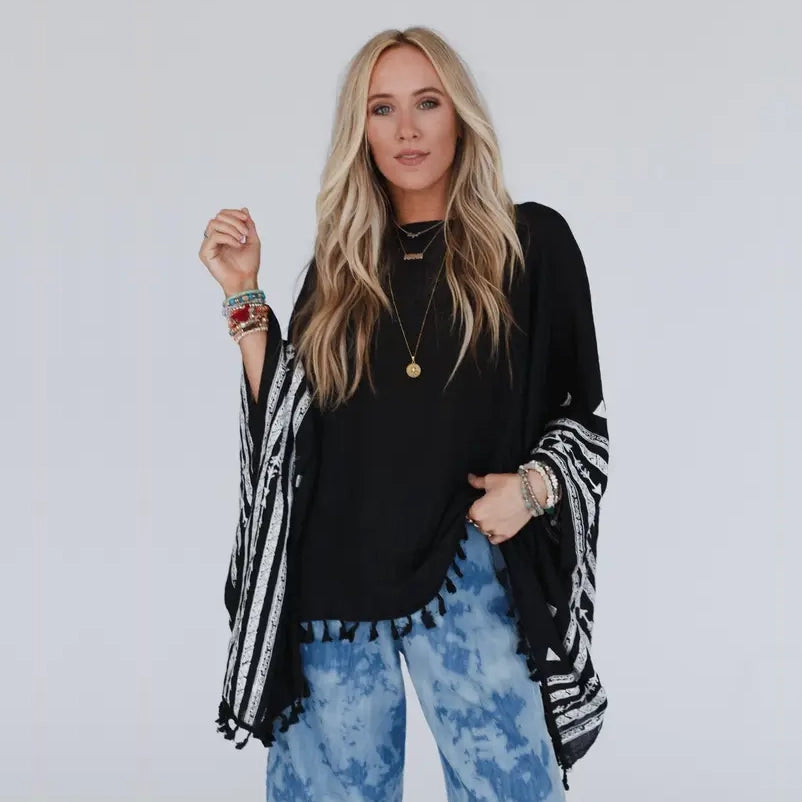 Fallon Embroidered Sleeve Black Tassel Poncho - Three Bird Nest