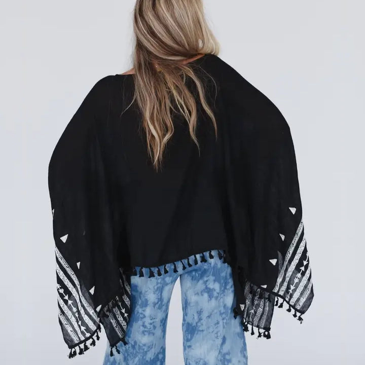 Fallon Embroidered Sleeve Black Tassel Poncho - Three Bird Nest