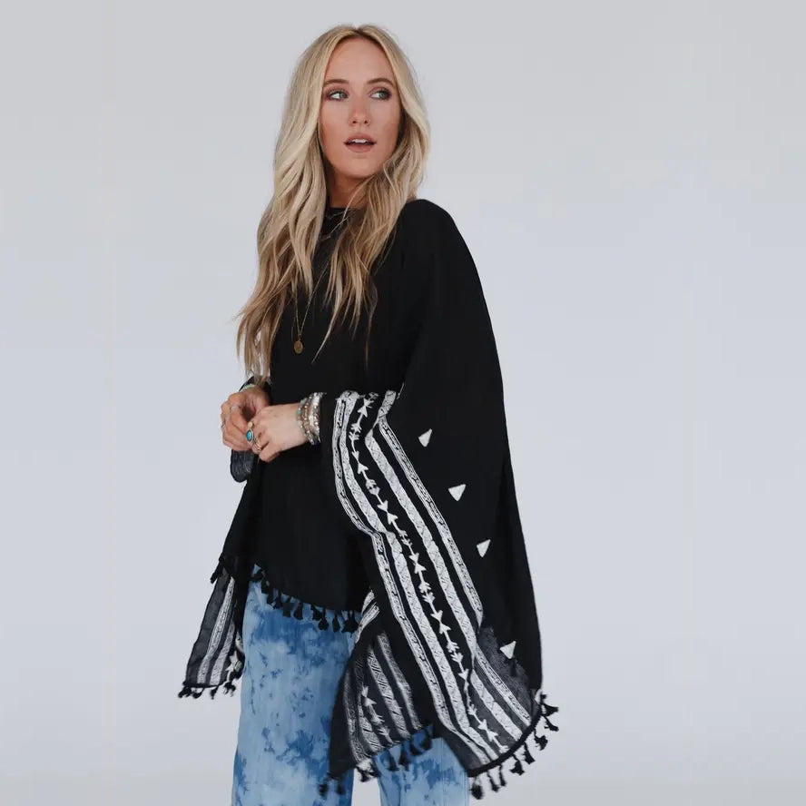 Fallon Embroidered Sleeve Black Tassel Poncho - Three Bird Nest