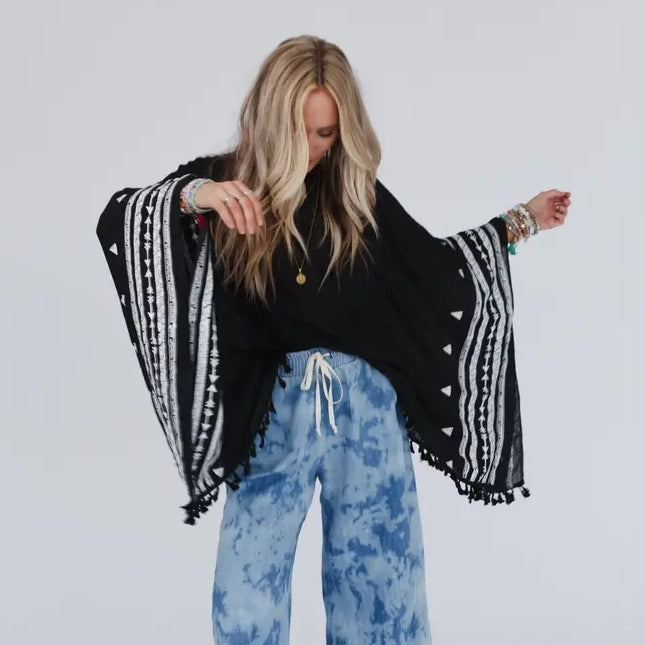 Fallon Embroidered Sleeve Black Tassel Poncho - Three Bird Nest