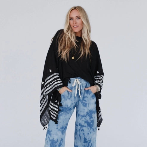 Fallon Embroidered Sleeve Black Tassel Poncho - Three Bird Nest