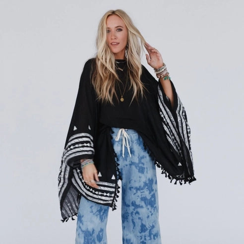 Fallon Embroidered Sleeve Black Tassel Poncho - Three Bird Nest