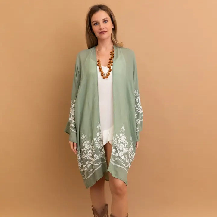 Embroidered Sage Floral Vine Lightweight Kimono - Leto Accessories