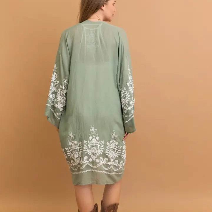 Embroidered Sage Floral Vine Lightweight Kimono - Leto Accessories