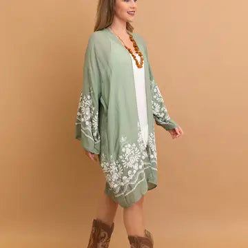 Embroidered Sage Floral Vine Lightweight Kimono - Leto Accessories