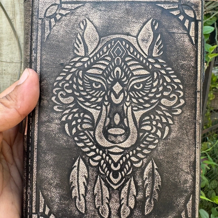 Wolf Embossed Leather Journal diary with 200 Handmade pages - R K Handicrafts and Exporter