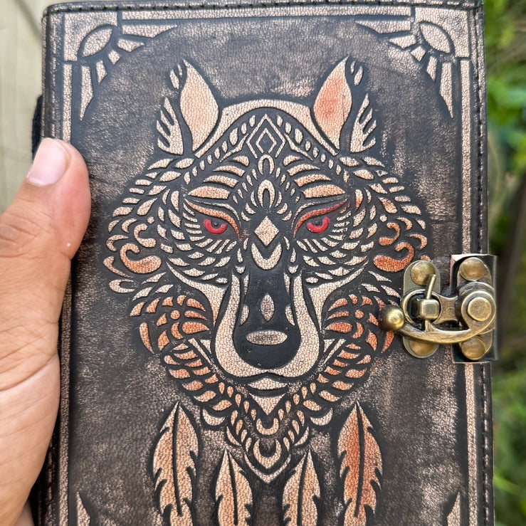 Wolf Embossed Leather Journal diary with 200 Handmade pages - R K Handicrafts and Exporter