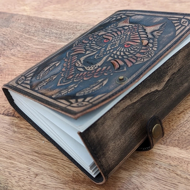 Wolf Embossed Leather Journal diary with 200 Handmade pages - R K Handicrafts and Exporter