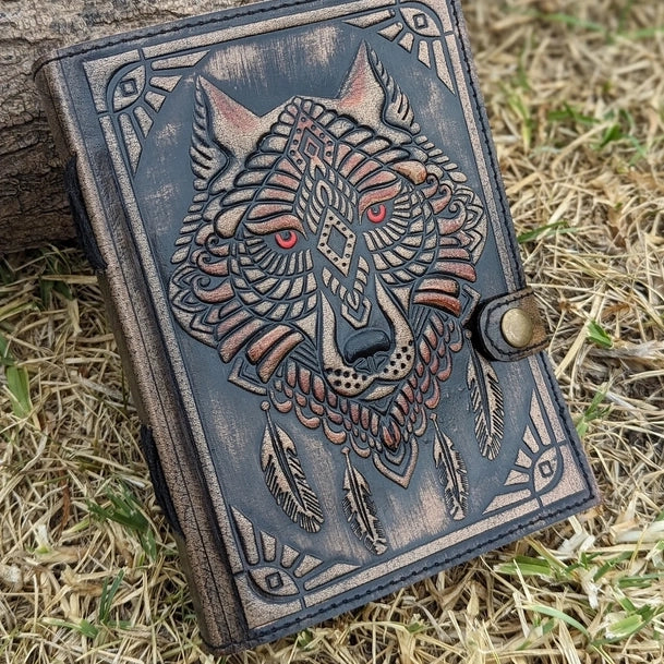 Wolf Embossed Leather Journal diary with 200 Handmade pages - R K Handicrafts and Exporter