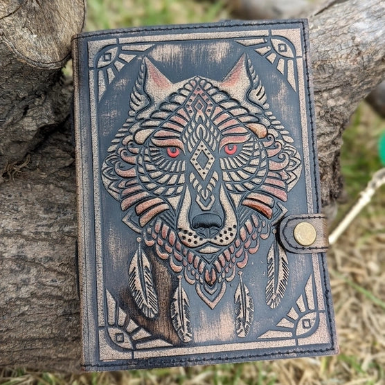 Wolf Embossed Leather Journal diary with 200 Handmade pages - R K Handicrafts and Exporter