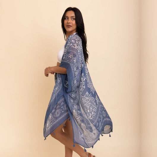 Versatile Navy Kimono Cardigan with Tassels - Leto Accessories