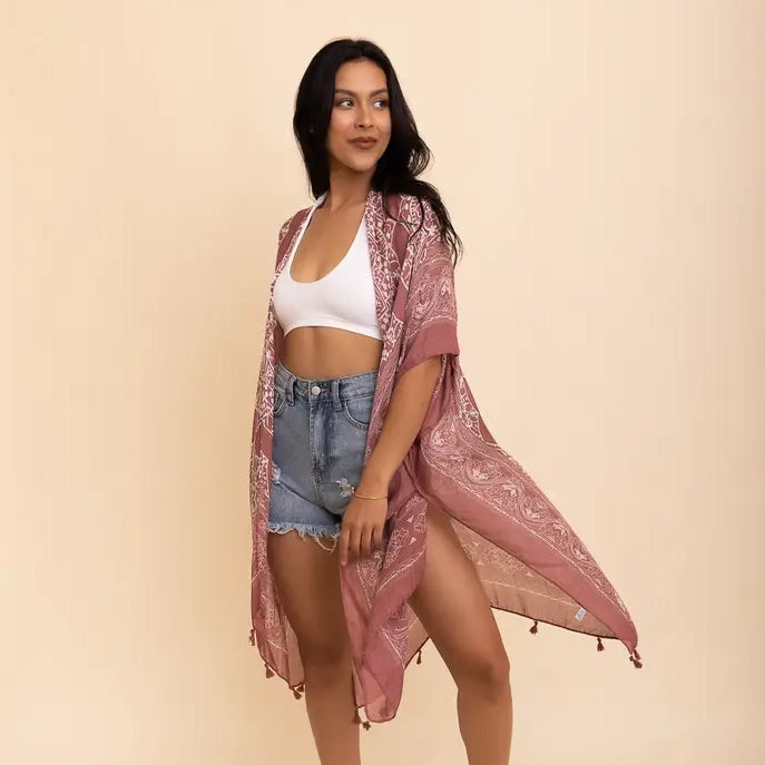 Versatile Roseclay Kimono Cardigan with Tassels - Leto Accessories