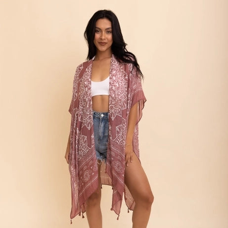 Versatile Roseclay Kimono Cardigan with Tassels - Leto Accessories