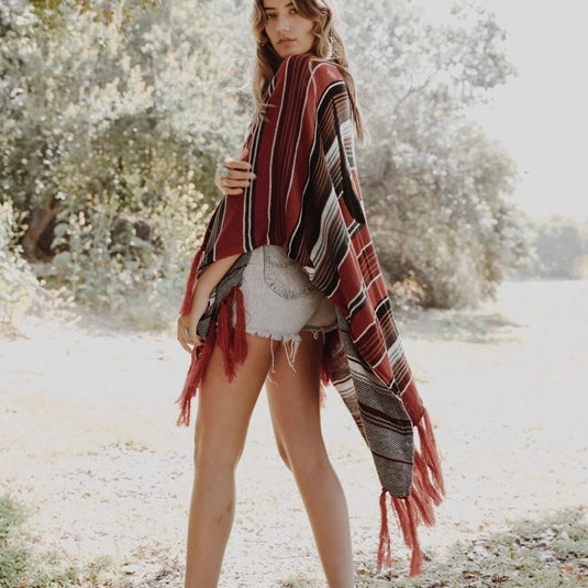 Bohemian Cow Skull Red Serape Ruana - Leto