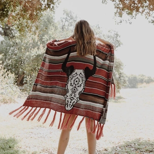 Bohemian Cow Skull Red Serape Ruana - Leto